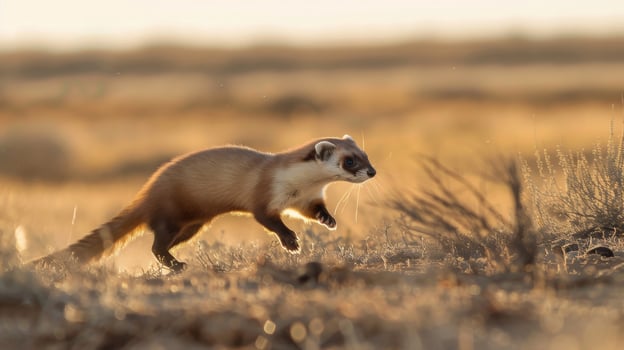 Black Footed Ferret Running Through Prairie Dog Town at Sunset photo