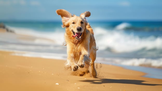 Golden Retriever Joyfully Running on Sandy Beach Ocean Waves in Background Perfect for Summer Vacation Posters Cards photo