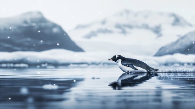 Penguin Gliding Across Icy Landscape in Snowy Antarctic Scenery Winter Wildlife Photography photo