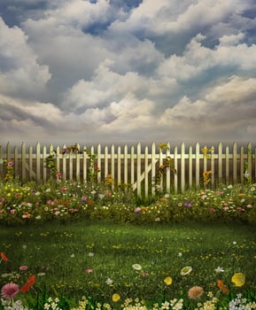 Grass and flowers illustration background. Summer plants close view photo