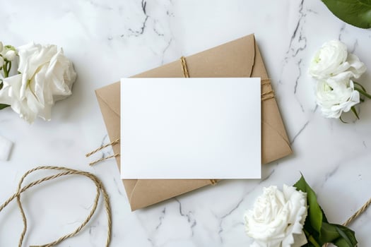 Flat lay of a blank card surrounded by flowers and petals. Wedding invitations, special messages photo