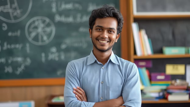 Confident Bangladeshi Male School Teacher Standing in Classroom with Chalkboard photo