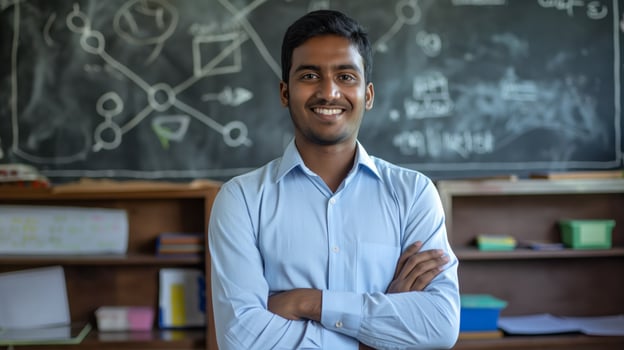 Confident Bangladeshi Male School Teacher Posing in Classroom Education, Diversity, Teaching Concept photo