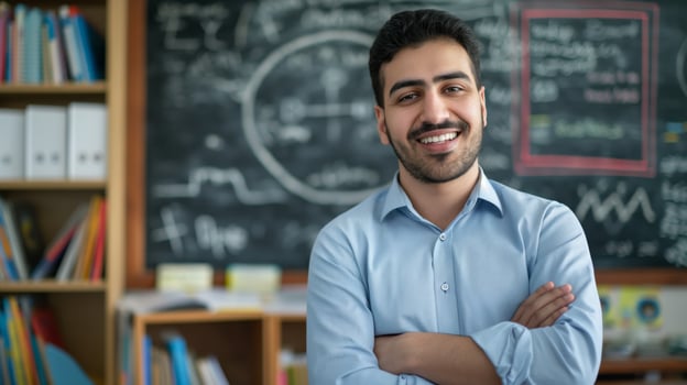 Confident Pakistani Male School Teacher Smiling in Classroom Setting Educational, Diversity Concept photo