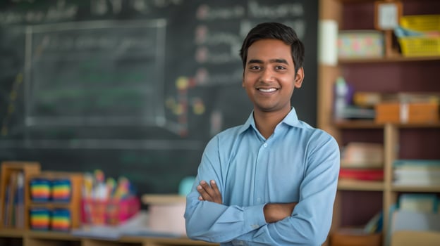 Confident Young South Asian Male School Teacher Standing in Classroom, Motivational Educator Portrait, Design for Educational Posters photo