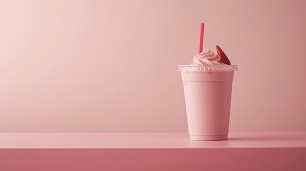 A pink milkshake with whipped cream and a strawberry sits on a pink table photo
