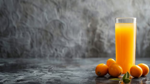 A glass of kumquat juice with kumquat fruits on a gray background photo
