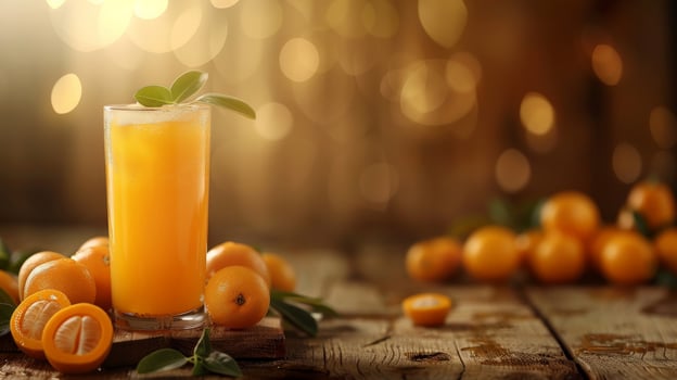 Kumquat juice, ice, mint, and fresh fruit on a wood table photo