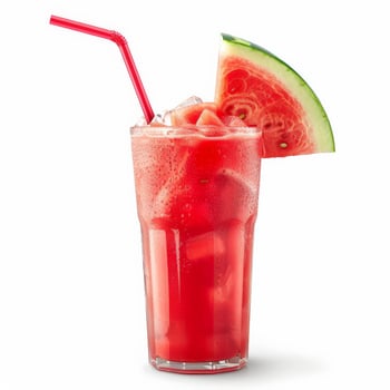 A tall glass of watermelon juice filled with ice and garnished with a slice of watermelon photo