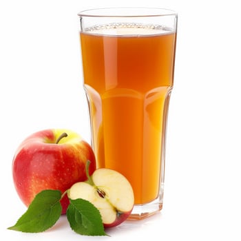 Apple juice, whole apple, and sliced apple with leaves photo