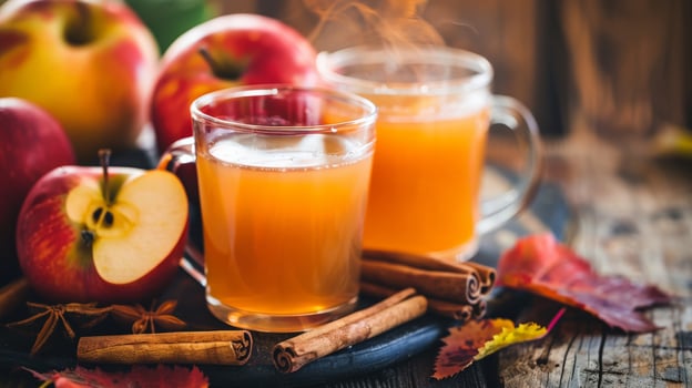 Two mugs of steaming apple cider with cinnamon sticks and autumn leaves photo