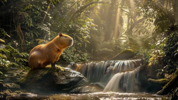 Capybara in Tropical Rainforest by Waterfall, Wildlife Nature Photography for Posters and Prints photo