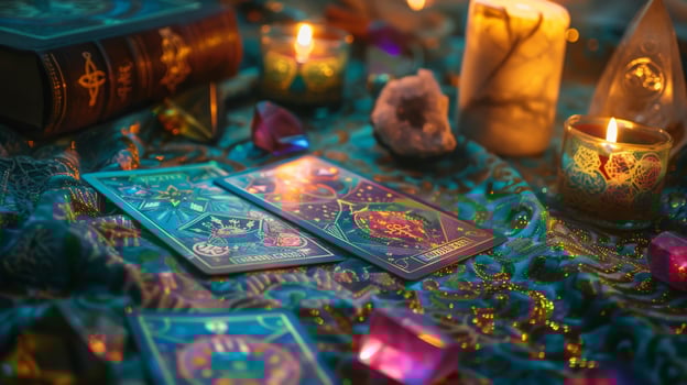 Mystical Tarot Reading Scene with Candles and Crystals Perfect for Spiritual and Esoteric Designs photo