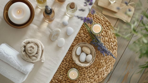 Spa Treatment Table with Essential Oils, Candles, and Towels in a Tranquil Setting for Relaxation and Wellness photo