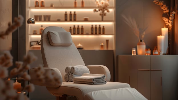 Elegant Spa Room with a Comfortable Facial Treatment Chair and Soothing Ambient Lighting for Relaxation photo