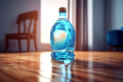 High-resolution image of a colorful detergent bottle on a wooden floor photo