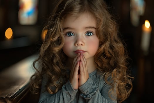 A little girl with curly hair, wearing gray and praying in the church with hands clasped together photo