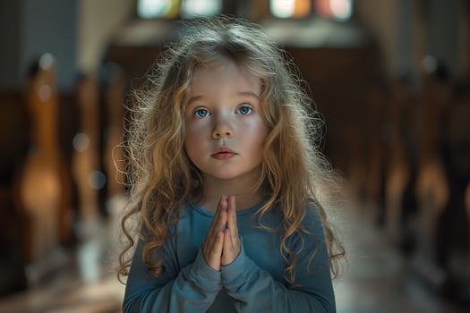 A little girl with curly hair, wearing gray and praying in the church with hands clasped together photo
