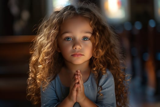 A little girl with curly hair, wearing gray and praying in the church with hands clasped together photo