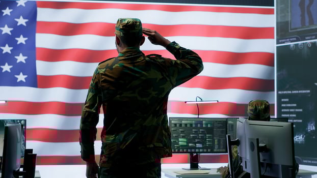 American military personnel supervising cyber warfare activity in high tech office, top secret intelligence on big screen. Governmental experts manage hybrid war, conflict prevention. Camera A. photo