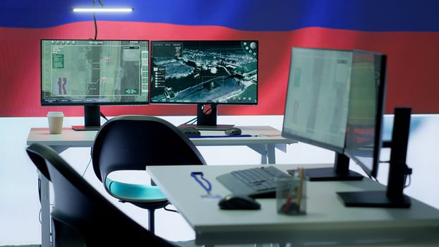 Empty military command center drone control agency with the russian flag on big screen, spreading misinformation and fake news to scare the population. Russian federation army. Camera A. photo