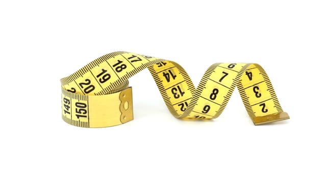 Yellow measuring tape isolated on white background photo