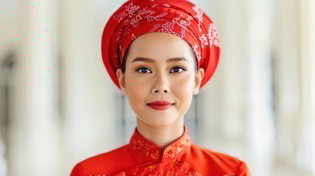 Portrait of a woman in traditional red clothing and headwear, symbolizing cultural heritage and elegance. photo