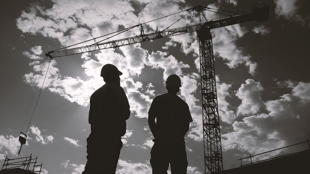 silhouette of engineer and construction worker on the background of building photo