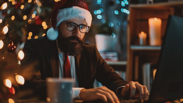 Handsome man using laptop at home in christmas decorated room photo