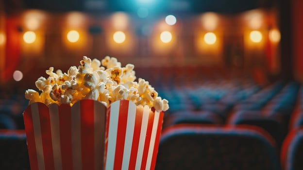 Popcorn in red and white striped box on cinema auditorium background photo