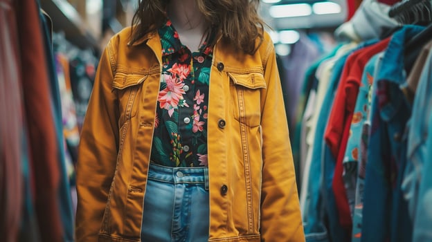 Fashionable woman in a yellow jacket in a clothing store photo