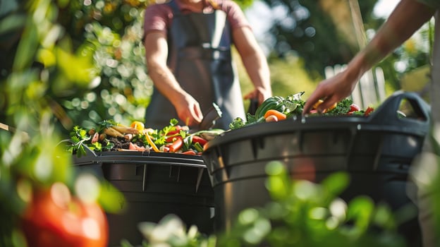 Close-up of farmers hands picking fresh vegetables in baskets in garden photo