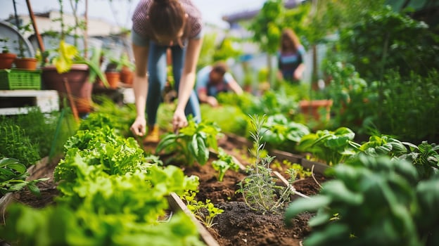 Young woman working in her garden at summer day photo