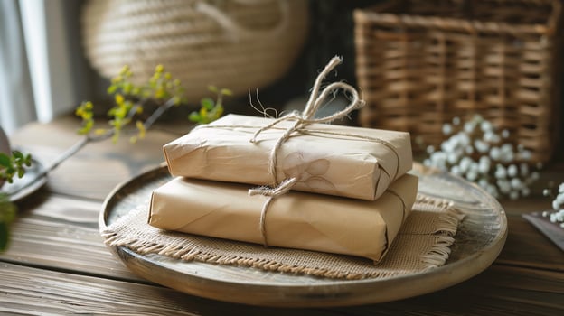 Gift boxes wrapped in brown craft paper and tied with twine. photo