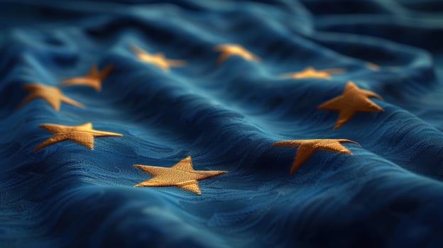 The blue fabric of the European Union flag ripples in the wind, showcasing the golden stars photo