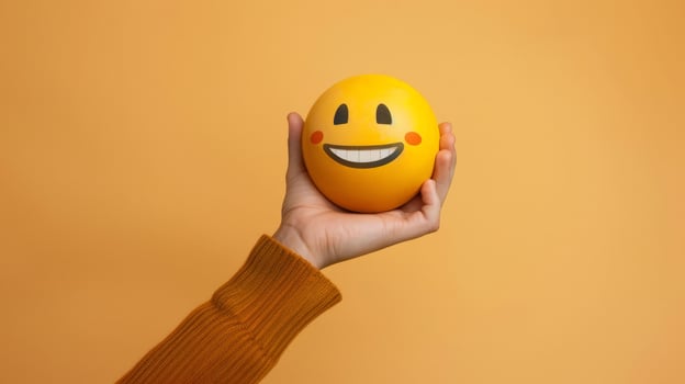 Smiling Emoji Held in Hand Against a Warm Background photo