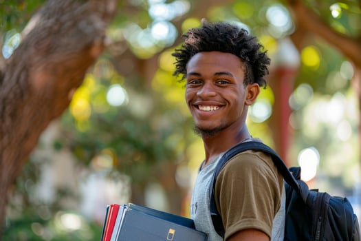Student with a backpack and books standing on a college campus photo