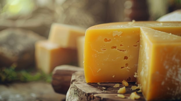 Fresh dairy products on a wooden table, background pasture and farm concept design photo