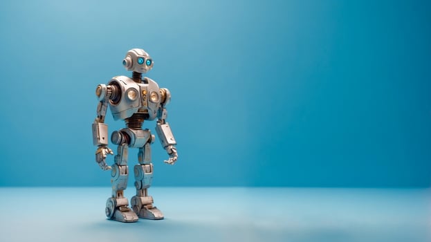 An iron robot toy on a light blue background is standing. Technology maintenance concept with copy space. AI-Generated photo