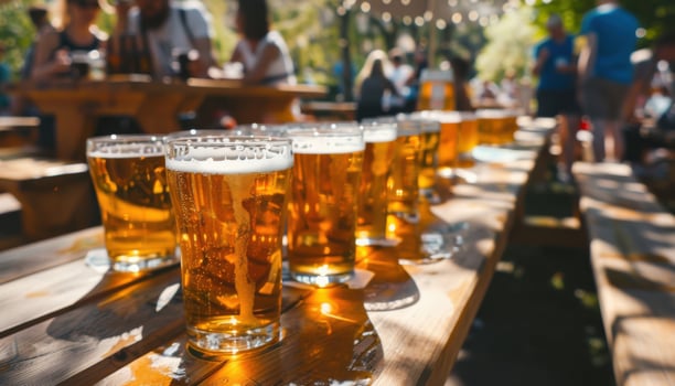 Many glasses of beer on wooden table at a beer festival. photo