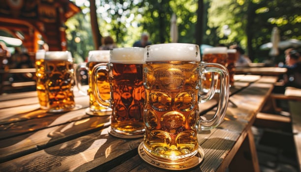 Many glasses of beer on wooden table at a beer festival. photo
