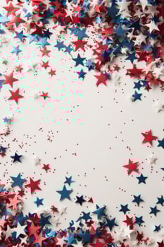 Festive red, white, and blue star confetti scattered on white background, copy space photo