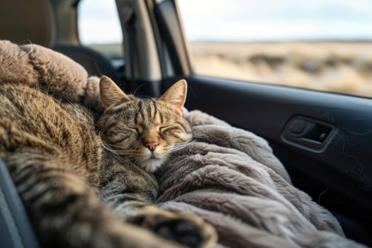 A cat lounging in a cozy car seat on a road trip photo