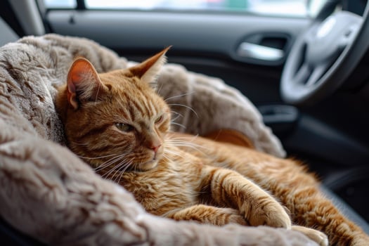 A cat lounging in a cozy car seat on a road trip photo