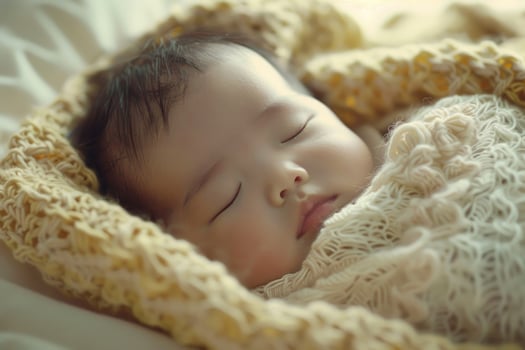 A swaddled newborn baby of Asian descent sleeping peacefully photo