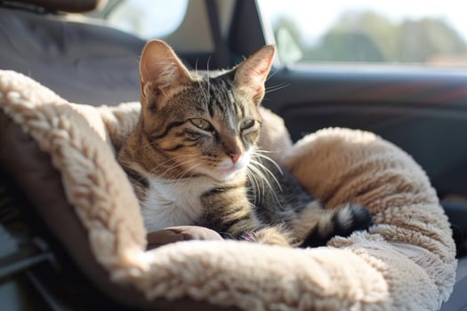 A cat lounging in a cozy car seat on a road trip photo
