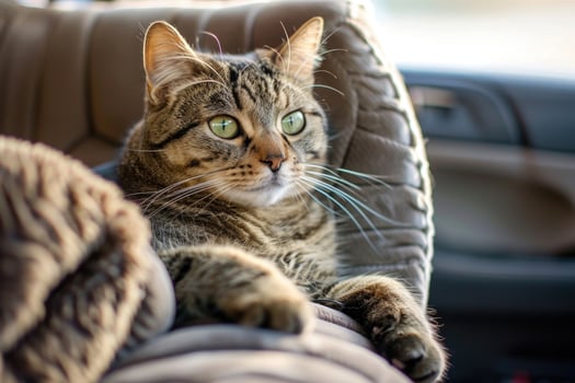 A cat lounging in a cozy car seat on a road trip photo