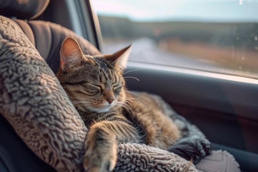 A cat lounging in a cozy car seat on a road trip photo