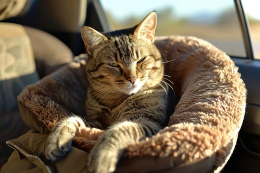 A cat lounging in a cozy car seat on a road trip photo