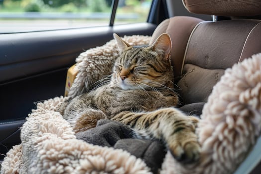 A cat lounging in a cozy car seat on a road trip photo